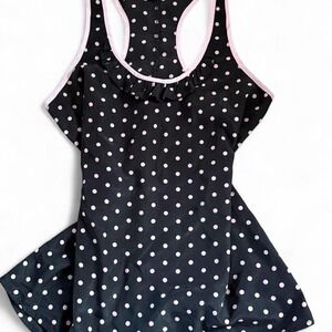 Candies Black and pink polka‎ dot tank top with ruffle detail